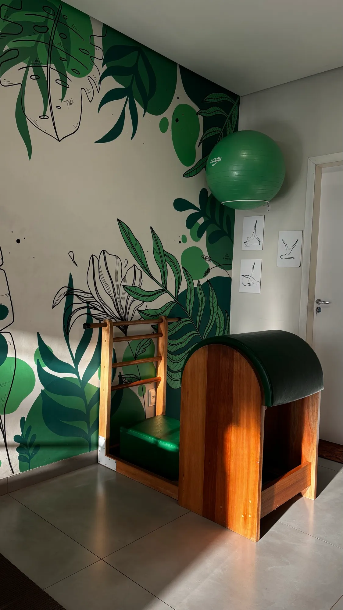 Barrel de Pilates em madeira e bola verde em frente à parede com folhagens pintadas